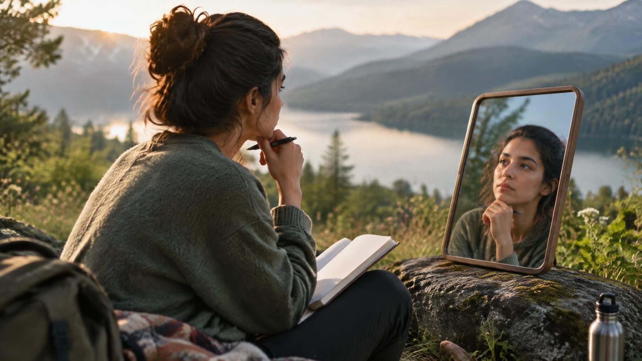 person looking at mirror thoughtfully