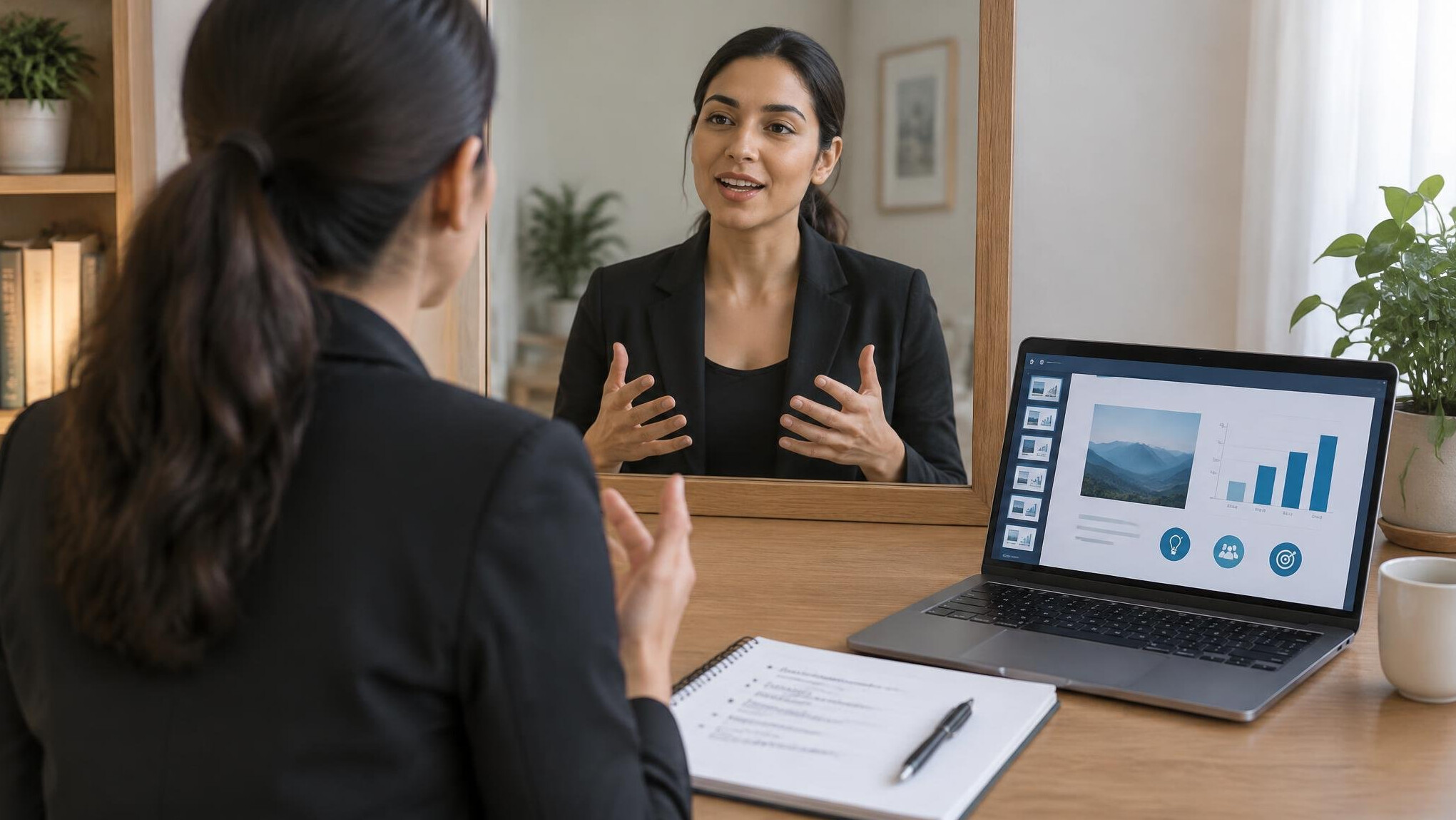 woman practicing speech in mirror