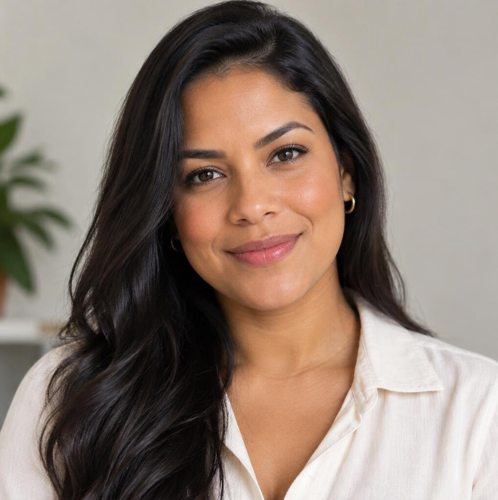 Portrait of a woman with long dark hair smiling