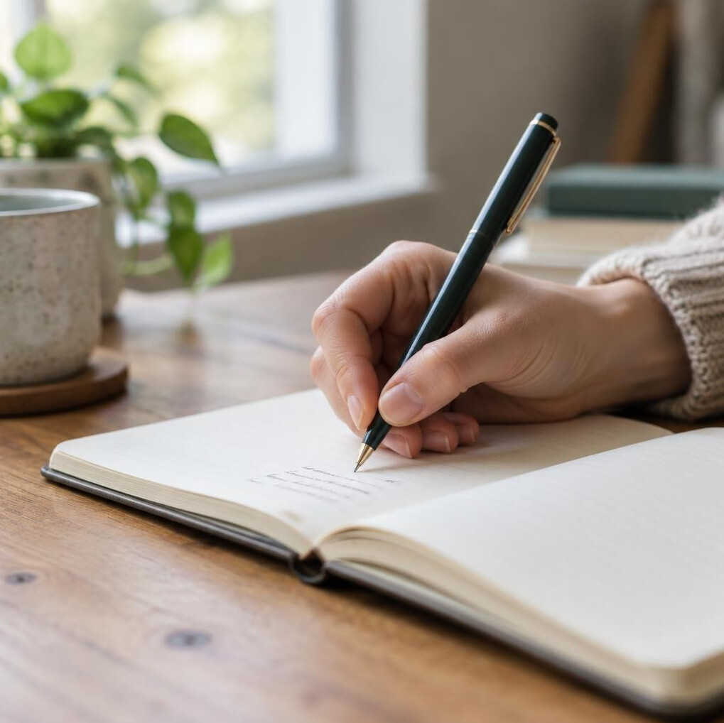 Hand writing in a notebook next to a pen